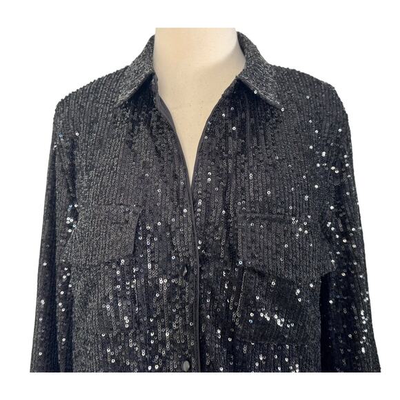 GUESS Sequin Button Up Collared Boyfriend Holiday Oversized Blouse Top Glam Sz M - Picture 4 of 12